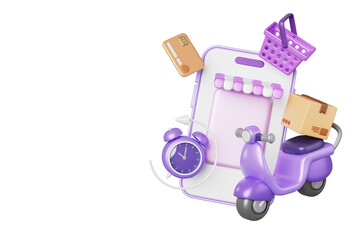 3d fast delivery banner. Online service for order from restaurant or store. Mobile phone with shopping basket, credit card, alarm clock. Scooter delivers box, express shipping render