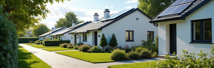 Modern houses with solar panels on roofs generating green sustainable energy. Eco-friendly residential homes in suburbia. Renewable energy resources for saving power for future. Solar panel