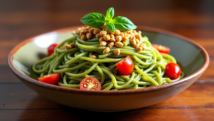 Delight Your Senses with This Healthy Green Spaghetti Caprese Salad: A Culinary Art of Fresh Basil, Pine Nuts, and Sun-Dried Tomatoes for a Vegetarian Italian Cuisine Experience