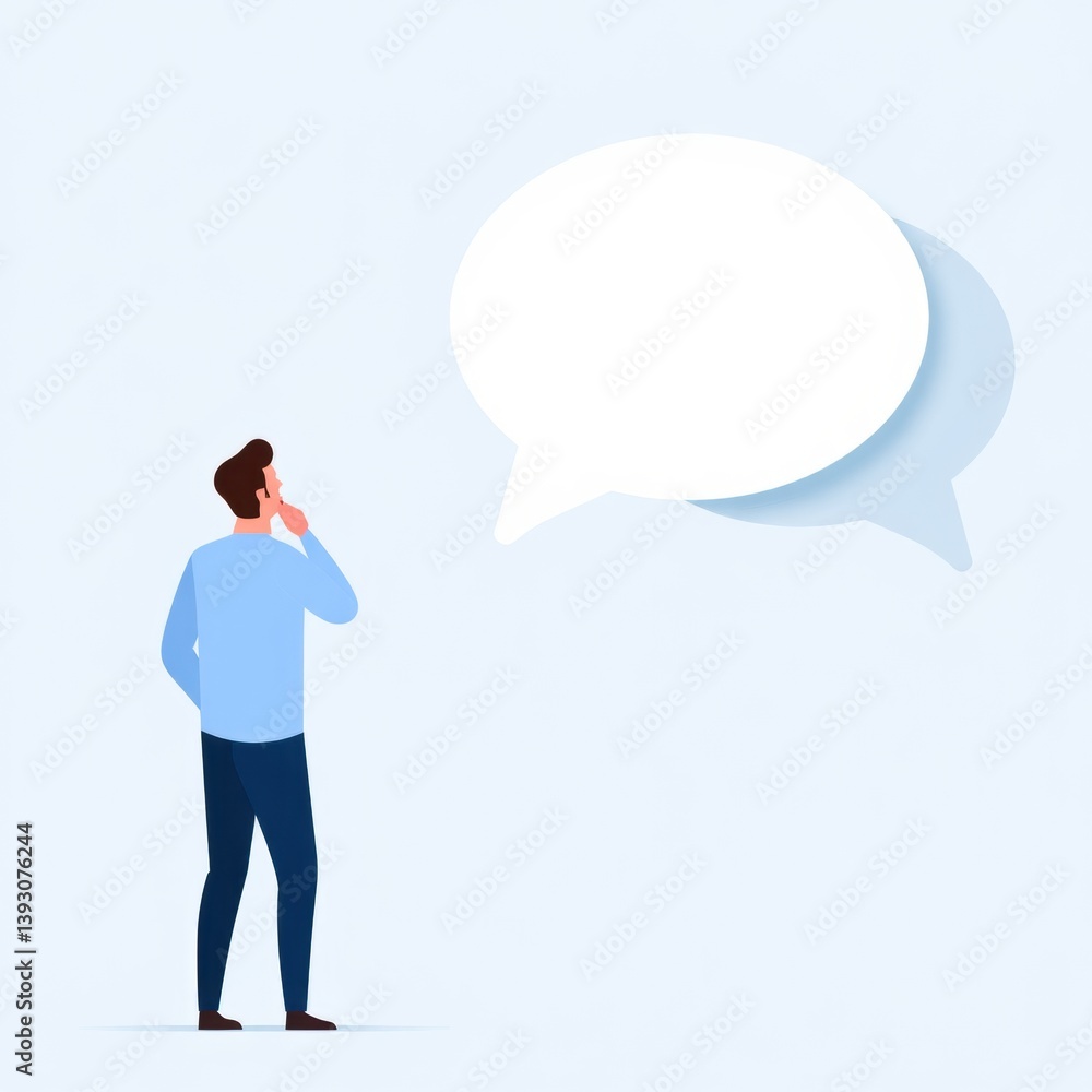 Poster man contemplating in front of floating speech bubbles on minimalist background
