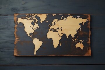 An Artistic Wooden World Map Displayed on a Rustic Blue Surface