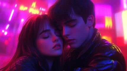 Neon City Romance Couple embracing amidst vibrant lights