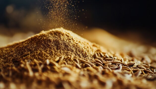 Selective Focus On Ground Cumin Seeds And Jeera Powder: A Close-Up View Of Essential Spices For Flavorful Cooking. Rich Aromas Captured.