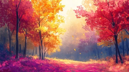 A colorful fall scene with trees covered in autumn leaves, warm and inviting