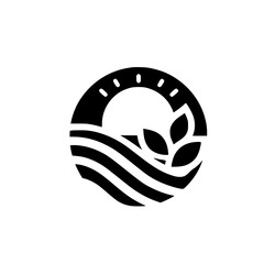 Black and White Nature Logo: Sun, Water, and Leaves Icon
