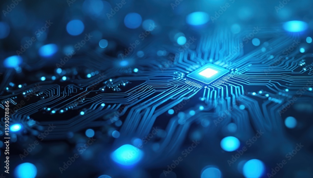 Aufkleber close-up view of circuit board with glowing blue lines, nodes. tech, electronics, computer hardware,