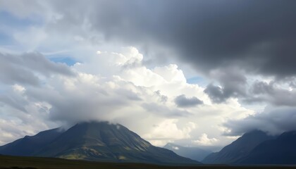 Dramatic Icelandic summer cloudscape over majestic mountains; ample empty space, north, vastness