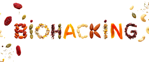 Text, word "Biohacking" created from nuts, seeds, dried fruits and herbs. Cut out. On isolated background. PNG