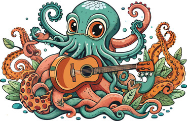 Whimsical Vintage-Style Illustration of Colorful Octopus with Coral and Teal Tentacles Playing Guitar