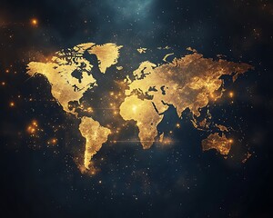 A stylized golden world map against a dark starry background