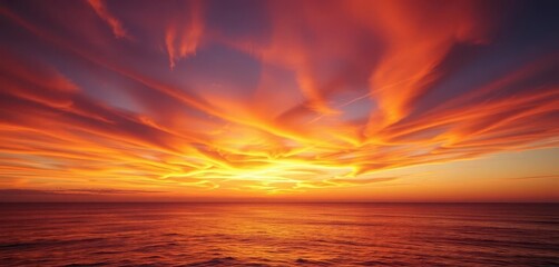 Fototapeta premium Fiery orange and purple sky over calm ocean at sunset, peaceful, palm trees, colors