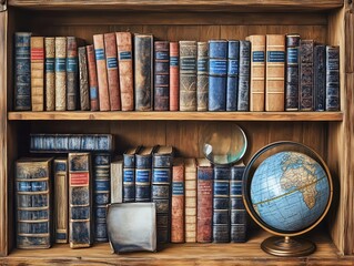 A rustic wooden bookshelf filled with vintage books globe magnifying glass