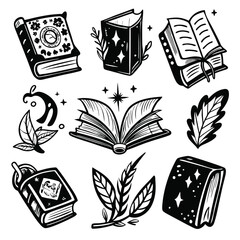 Hand-Drawn Book Stack Doodle Set – 6 Unique Black and White Sketch Illustrations