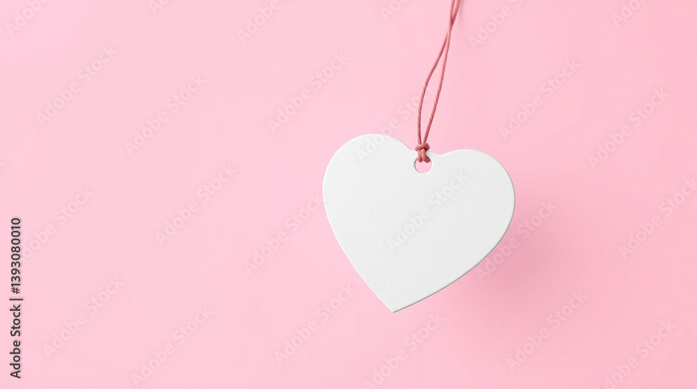 Poster white heart shape hangs on a pink string. plain white heart is displayed over soft pink backdrop. it