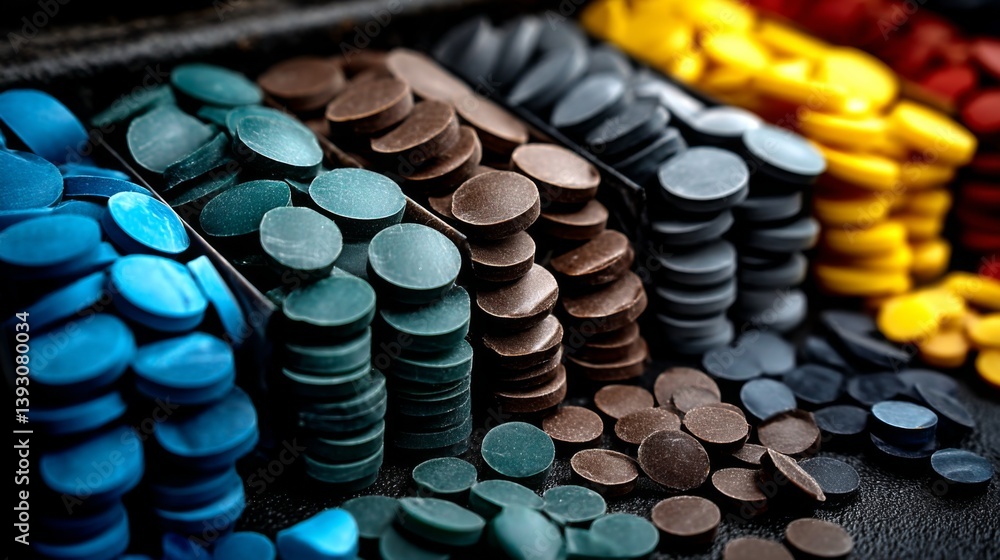Poster colorful stacks of circular tokens arranged in various shades and sizes