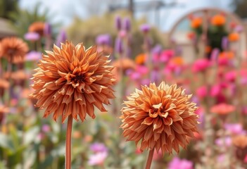 Dried brown flowers layered over garden scene, double exposure effect, artwork, artistic