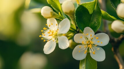 Fototapeta premium A close-up shot of a flower blooming in spring, vivid petals and fresh green leaves 