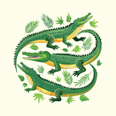 Three green crocodiles surrounded by leaves in a circular design