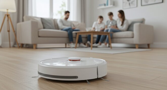 A futuristic smart robot vacuum cleaner is diligently cleaning the hardwood floor. Meanwhile, in the blurred background, a family of four is relaxing on the couch