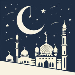 A vibrant Eid festival greeting card design featuring a crescent moon, stars, and an abstract mosque skyline, perfect for celebrating the spirit of Eid.