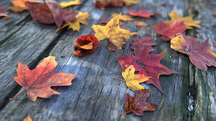 Obraz premium Autumn leaves on weathered wooden planks (2)