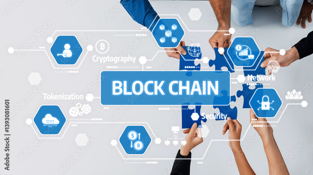 Poster A top-down view of diverse hands assembling puzzle pieces while showcasing key concepts of blockchain technology, including security, network, and cryptography, emphasizing collaboration. Amity