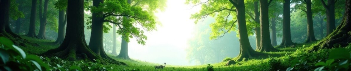 Fototapeta premium Secluded forest landscape with dense foliage and towering trees on a white background, forest, green