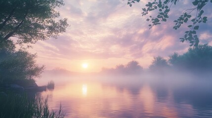 Fototapeta premium A peaceful sunrise over a lake with mist rising from the water, calm and serene 