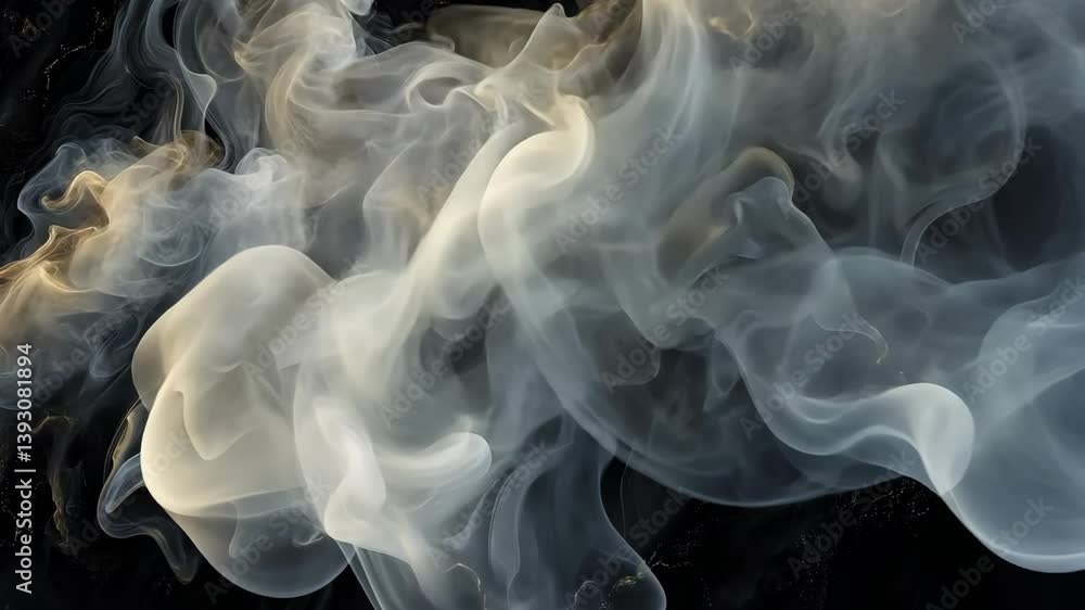 Poster billowing smoke trails forming surreal, chaotic patterns, blending seamlessly into a blackened void,