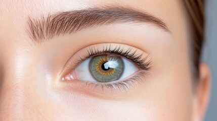 Obraz premium Womans Eye Lush Eyelashes Natural Makeup High-definition Soft Lighting Close-up Extreme Detail Intense Gaze Neutral Background Soft Beige Tones Ophthalmology Advertising