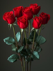 A captivating bouquet of six deep red roses, elegantly arranged, with lush green leaves against a dark grey background.  The stems are long and straight, showcasing the vibrancy of the blossoms