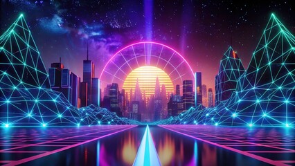 Futuristic Neon Grid, Glowing Wireframe, Starry Night Sky - Surreal AI Art