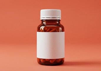 An amber glass bottle with a white label, filled with pills, stands against a coral background. The bottle is a symbol of medicine, health and wellness. 