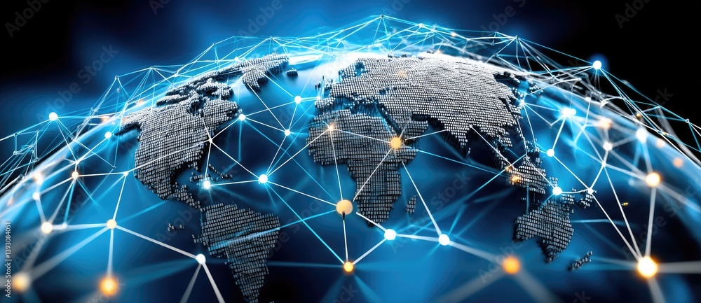Poster a digital representation of a global network, showcasing interconnected nodes across a stylized eart