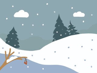 Fototapeta premium The Great Outdoors illustration, winter activities, skiing or snowboarding, Snowshoeing, falling snow без названия