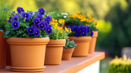 Colorful flower pots with vibrant pansies arranged on a sunny garden ledge, enhancing outdoor beauty