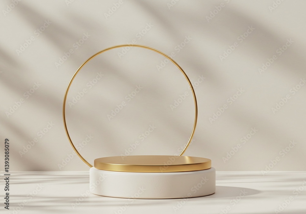 Poster an elegant golden product display podium with circular frame and shadow. this sophisticated design p