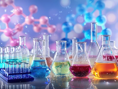 A vibrant graphical layout featuring laboratory glassware colorful chemical solutions molecular structures all neatly arranged to showcase detailed experiment.