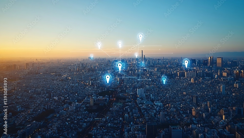Poster aerial cityscape with digital location pins futuristic urban connectivity and global network : gener