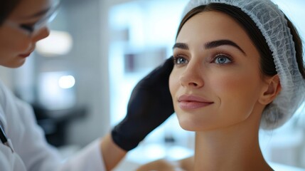 Fototapeta premium Woman receiving facial treatment. Doctor with black gloves examines patient face. Bright cosmetology room. Healthcare and beauty concept. Close up shot.