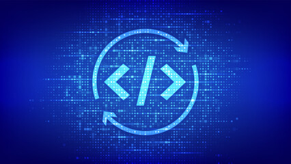 Devops icon made with binary code. Agile development and optimisation. Software engineering. Software development practices methodology. Digital code background with digits 1.0. Vector Illustration.