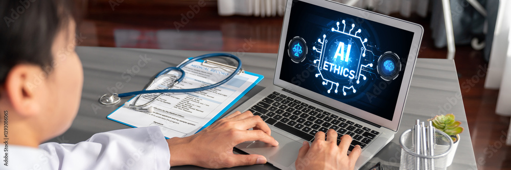 Poster ai ethics responsibility standard law and rules on computer screen provide report of ai ethic transp