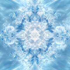 Intricate frozen fractal pattern showcasing the symmetrical beauty of solid water crystals illuminated by soft blue and white lighting against a clean gradient background