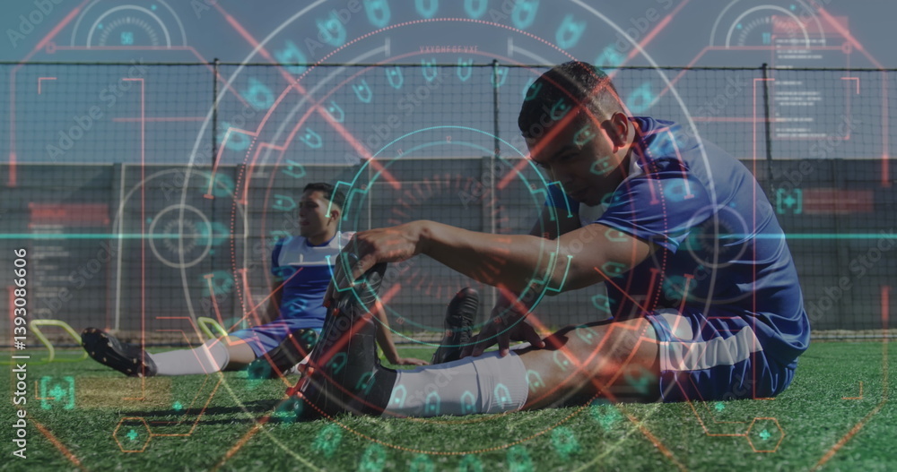Poster image of scope scanning and data processing over football players warming up