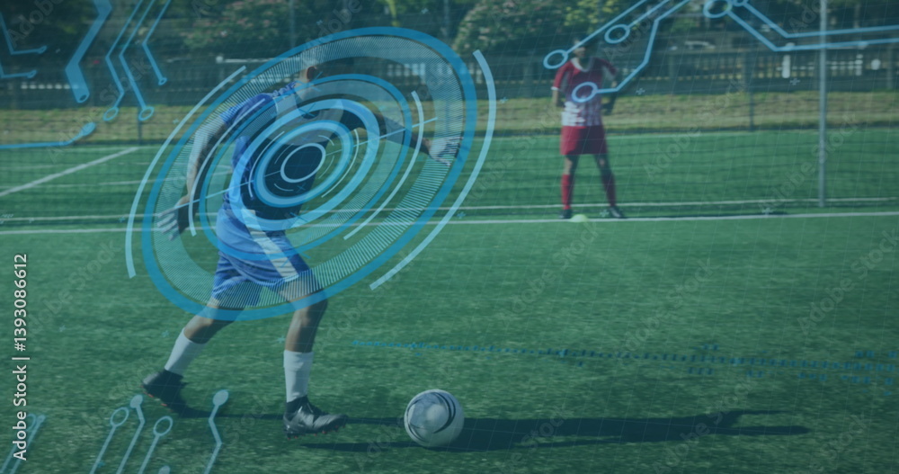 Aufkleber image of scope scanning and data processing over football player kicking ball
