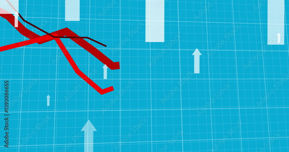 Poster image of red lines and white arrows pointing up moving over grid on blue background