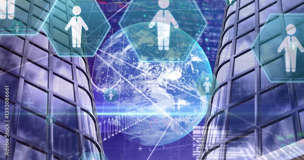 Poster image of digital people icons, globe and data processing in background