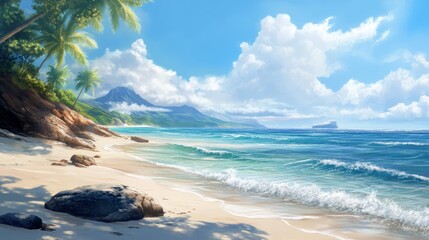 A calm beach scene with smooth rocks and a gentle breeze, peaceful and relaxing 