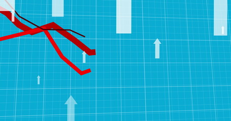 Image of red lines and white arrows pointing up moving over grid on blue background