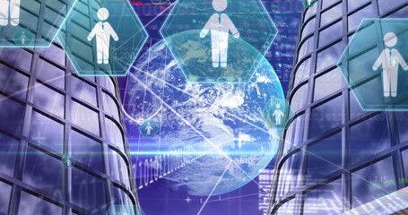 Image of digital people icons, globe and data processing in background